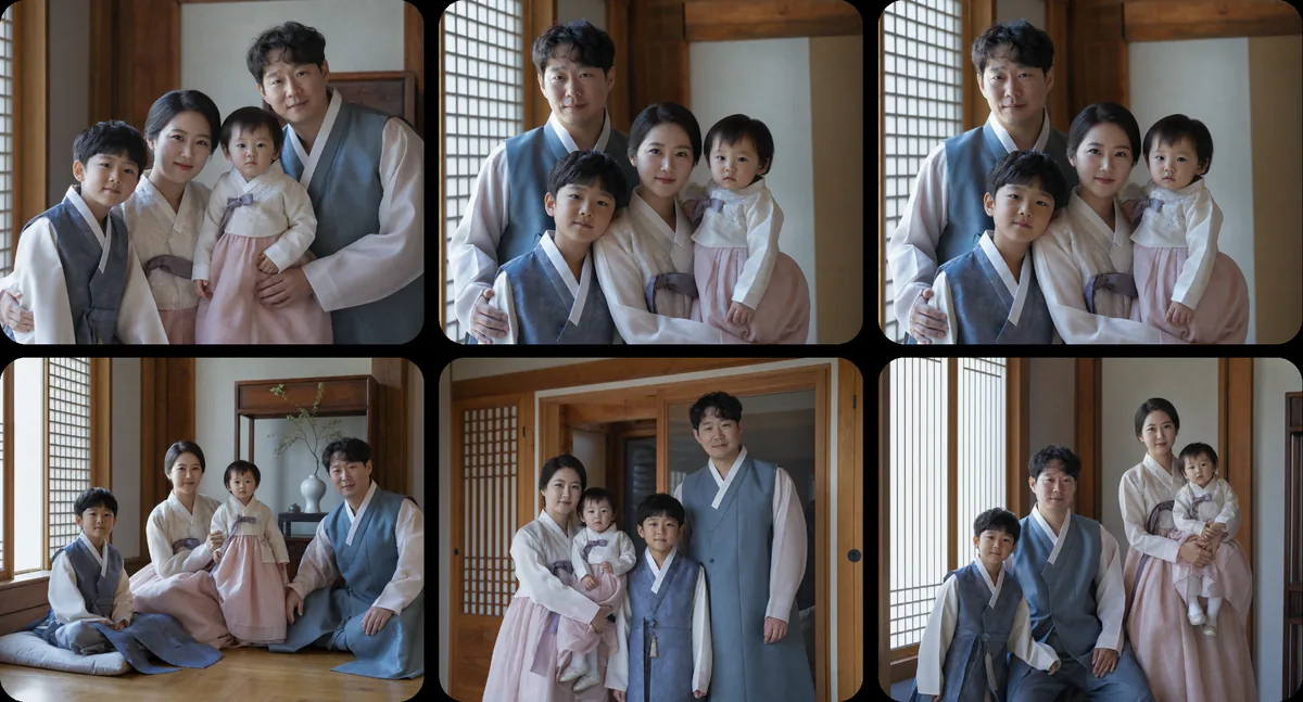 조명과 배경 차이로 인물 사진 색감이 달라지는 가족 사진 모음