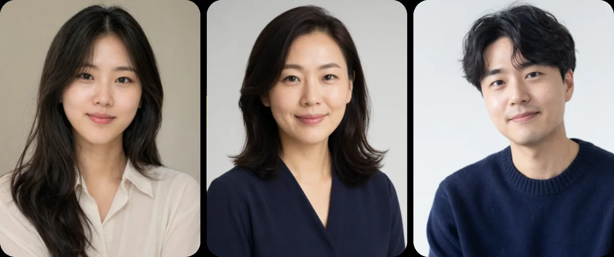 일괄 보정 후 밝기와 피부톤이 일정해진 인물 사진 세트