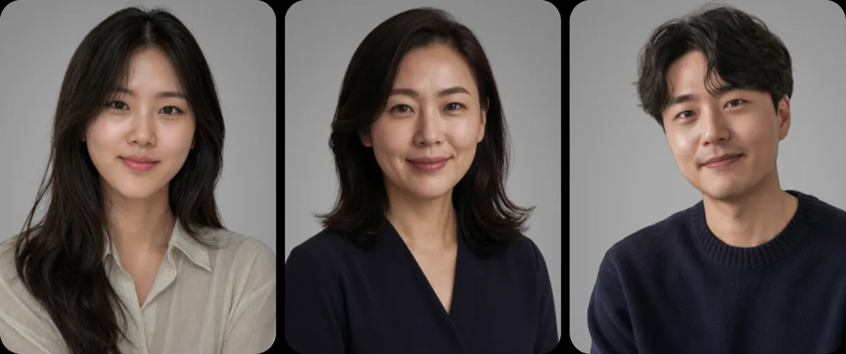 보정 전 밝기와 피부톤이 서로 다른 인물 사진 세트