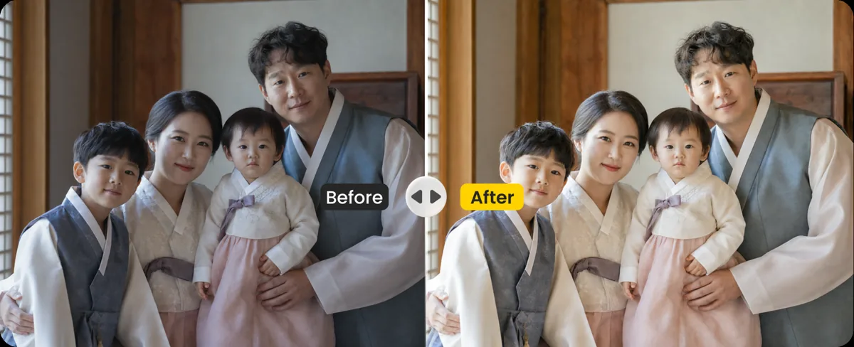 가족 인물 사진의 밝기와 피부톤을 보정한 전후 비교