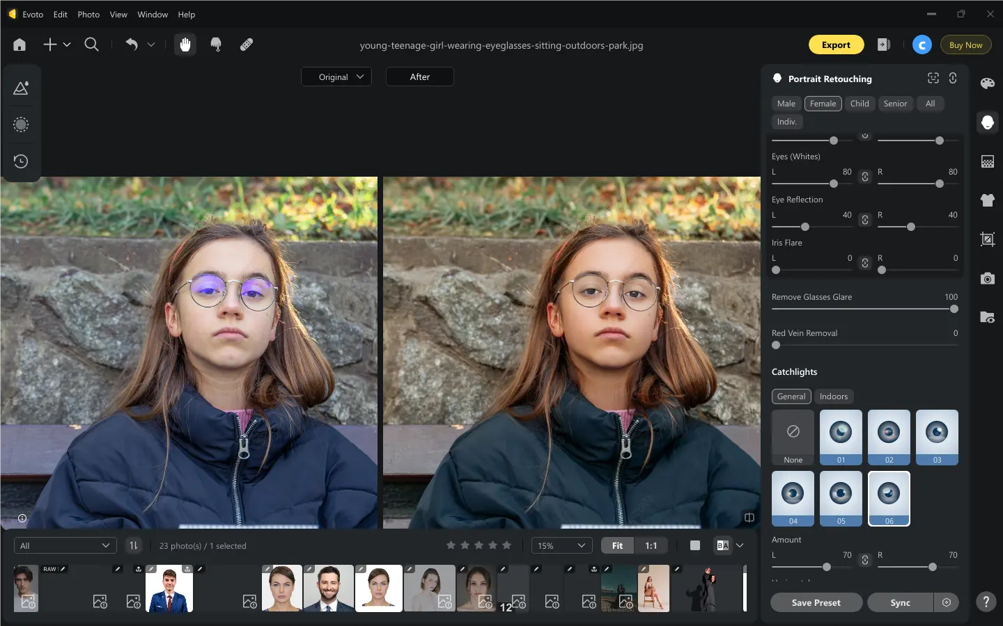 Remover reflexo de óculos e realçar olhos em foto escolar no Evoto