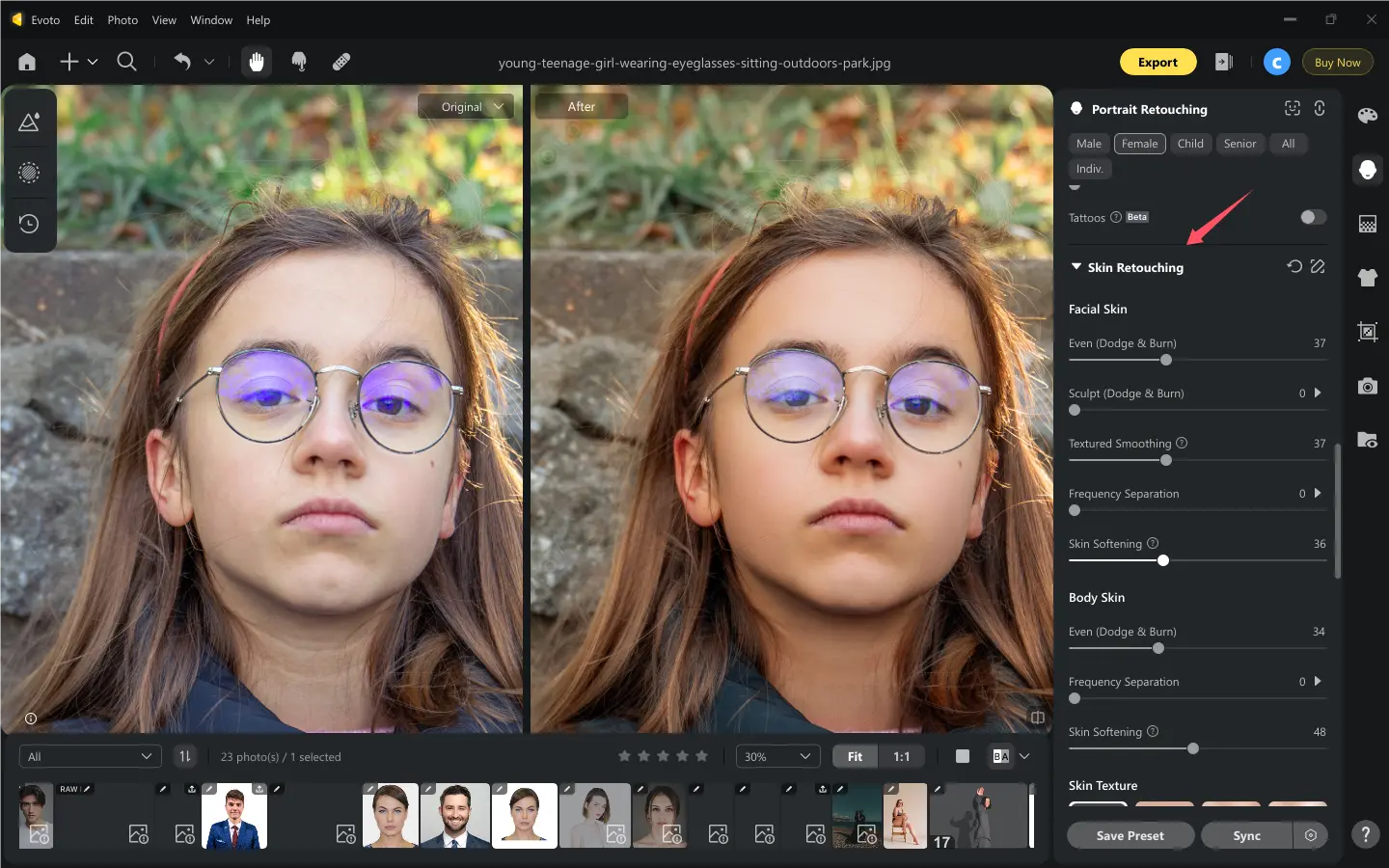 Retoque de pele com IA em retrato escolar no Evoto