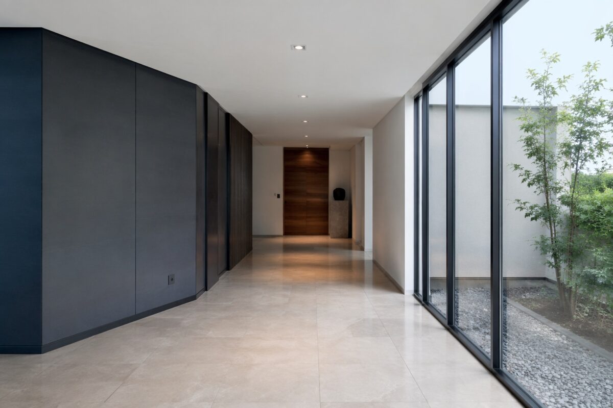 Interior architecture photo with strong horizontal and vertical lines needing perspective control
