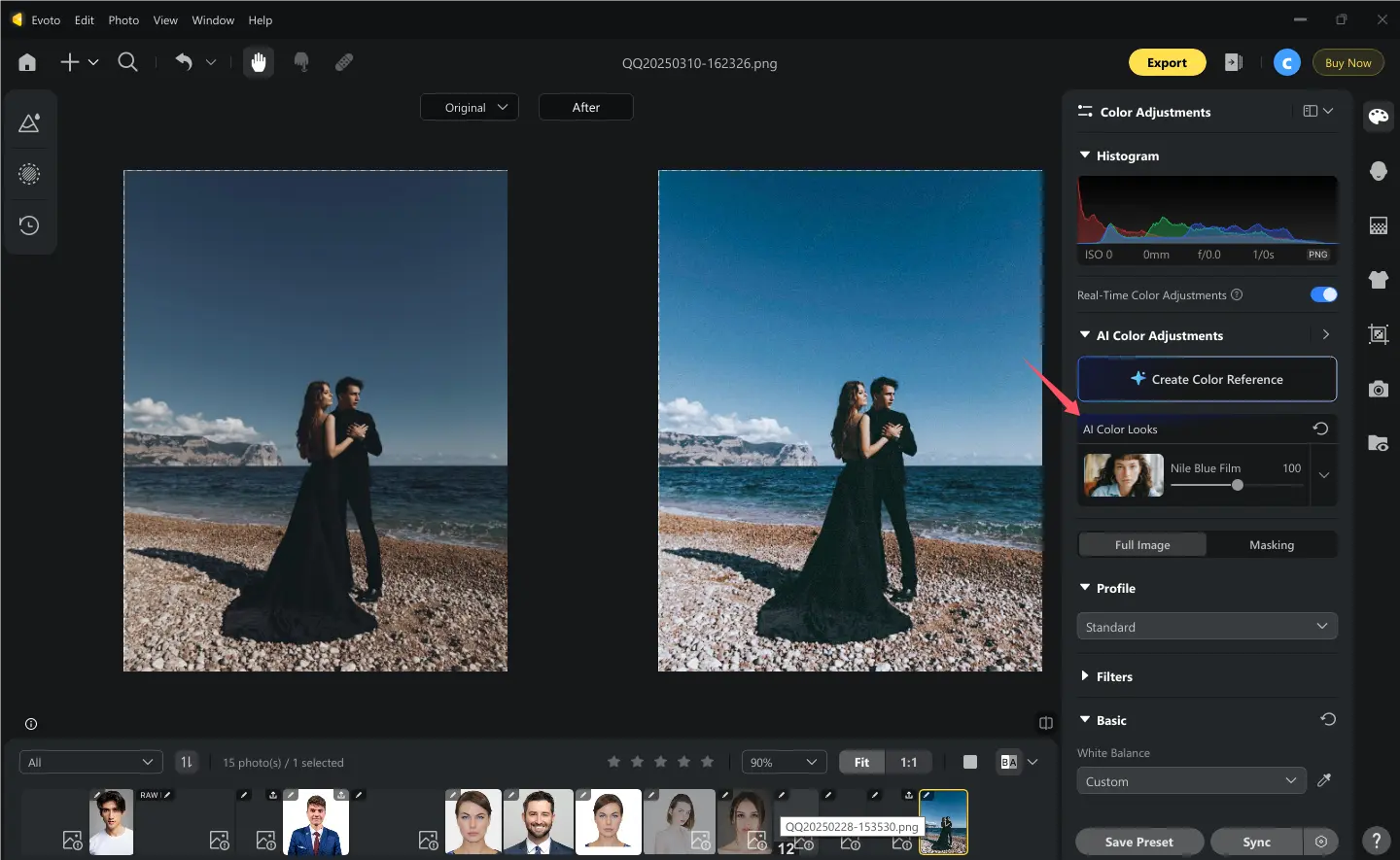 Funktion „AI Color Look“ in Evoto AI
