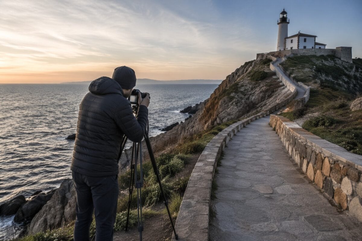 Photographer checking lines patterns and horizon placement before shooting