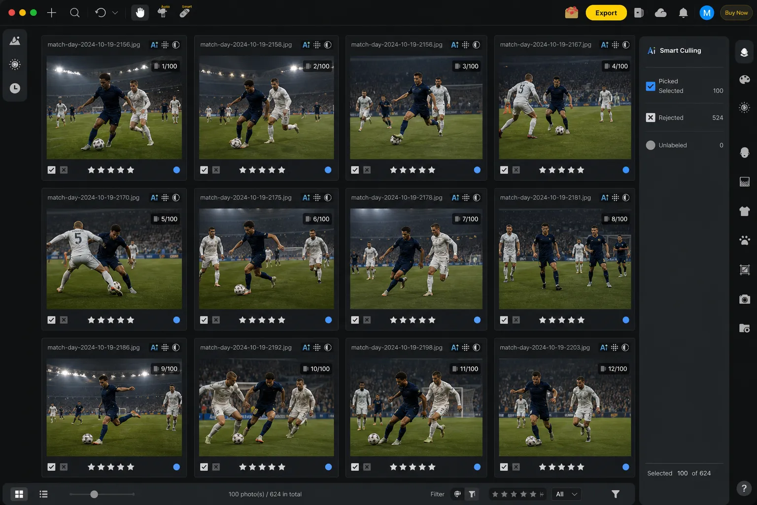 Evoto AI Culling fazendo triagem de fotos de futebol