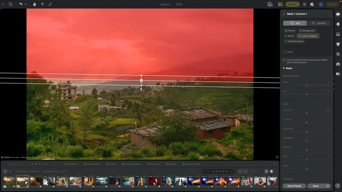 Linear Gradient mask over the Nepal sky shown as a red overlay in Evoto