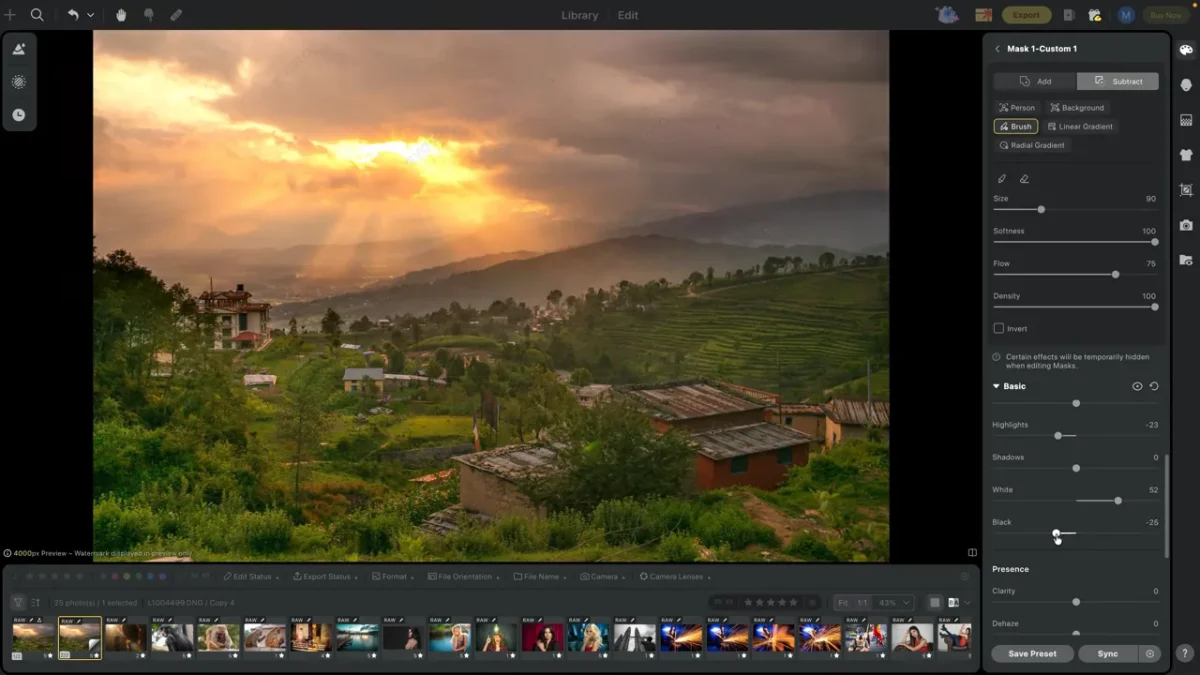 Pulling the masked Nepal sky down so it pops, with live slider values in Evoto