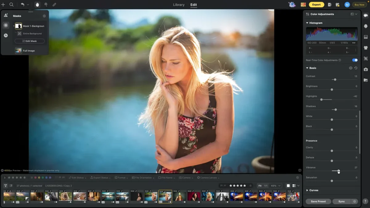 Brightening just the background with a Background mask on the golden-hour portrait in Evoto