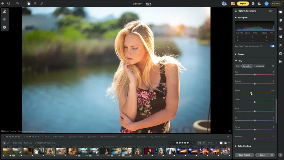 Toning down yellow in the hair with Evoto's HSL saturation sliders