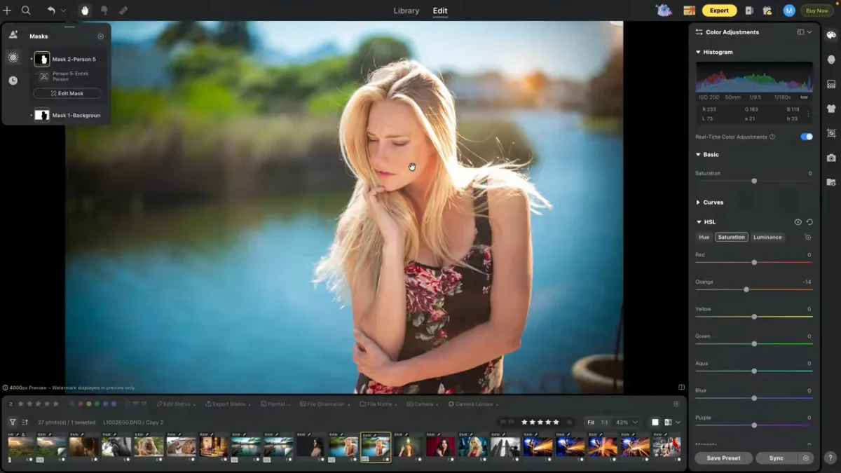 Toning skin with HSL on a Person mask, editing the subject separately in Evoto