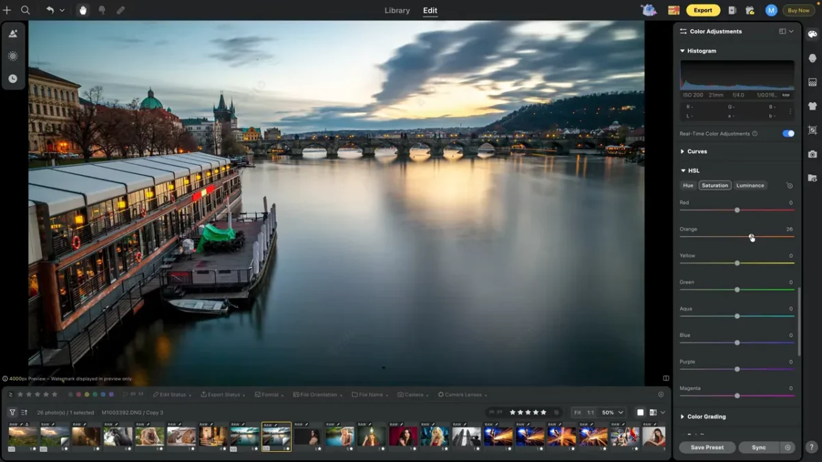 Boosting orange saturation in Evoto's HSL panel to grade the Prague sunset