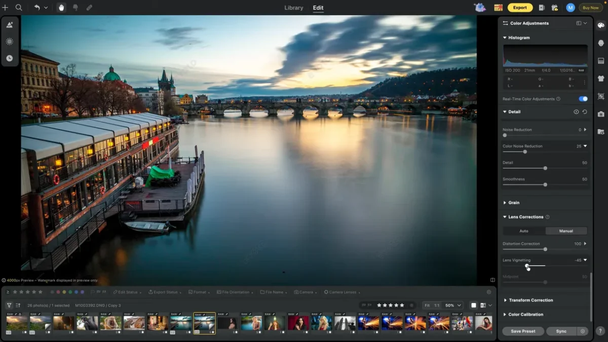 Adding a lens vignette to finish the Prague color grade in Evoto