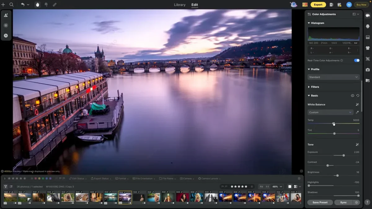 Adjusting the Prague skyline's white balance in Evoto's Basic panel