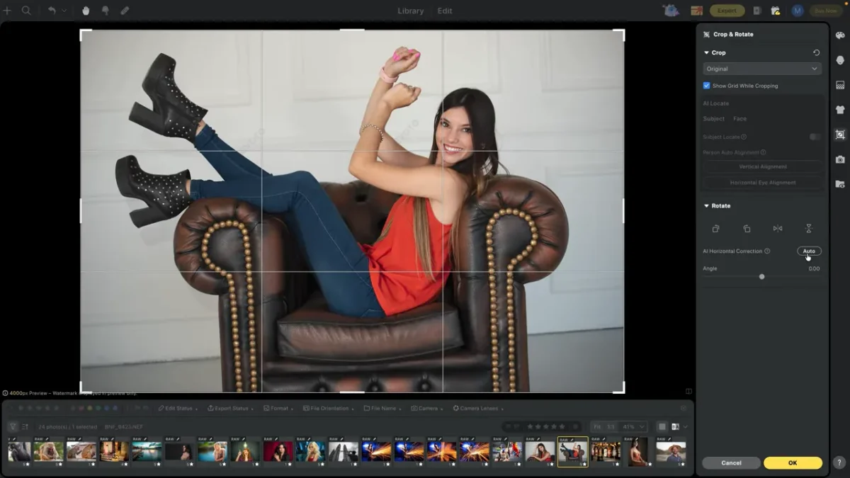 Straightening the couch portrait with AI Horizontal Correction in Evoto's Crop & Rotate panel