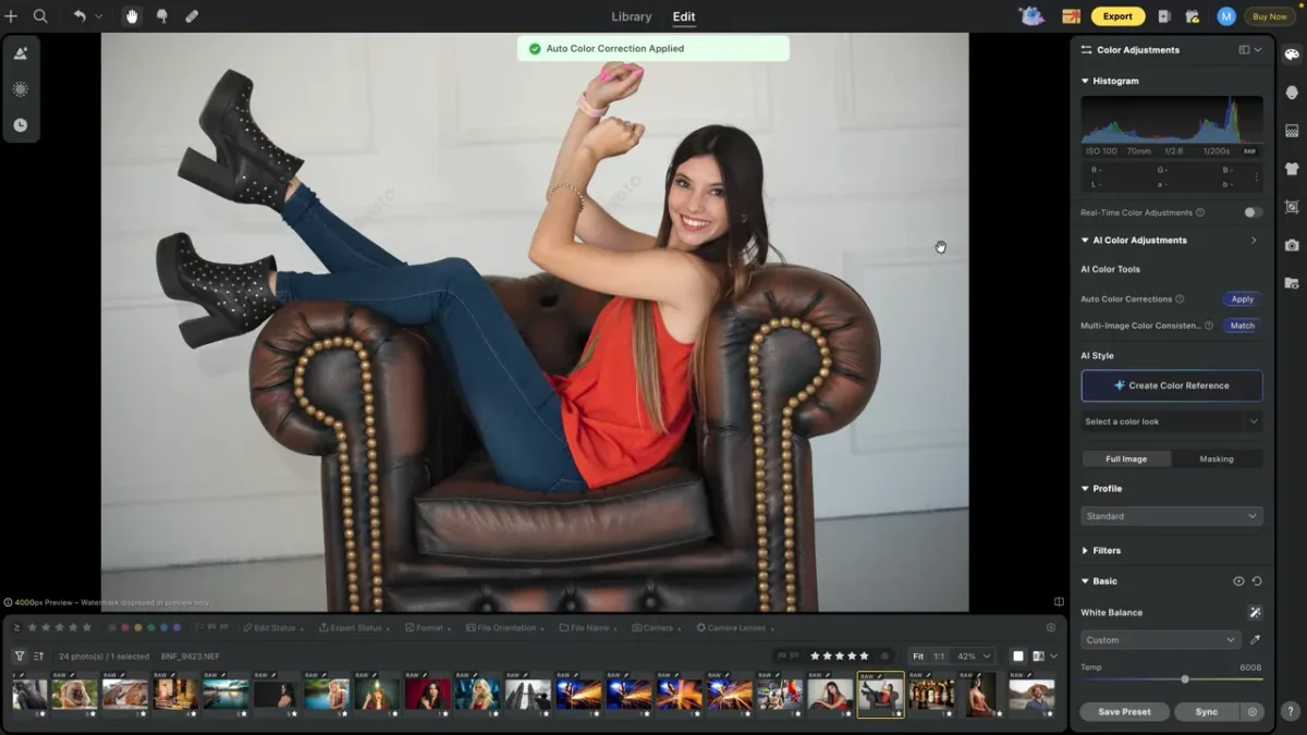 Auto Color Correction applied to the studio couch portrait on the full Evoto page