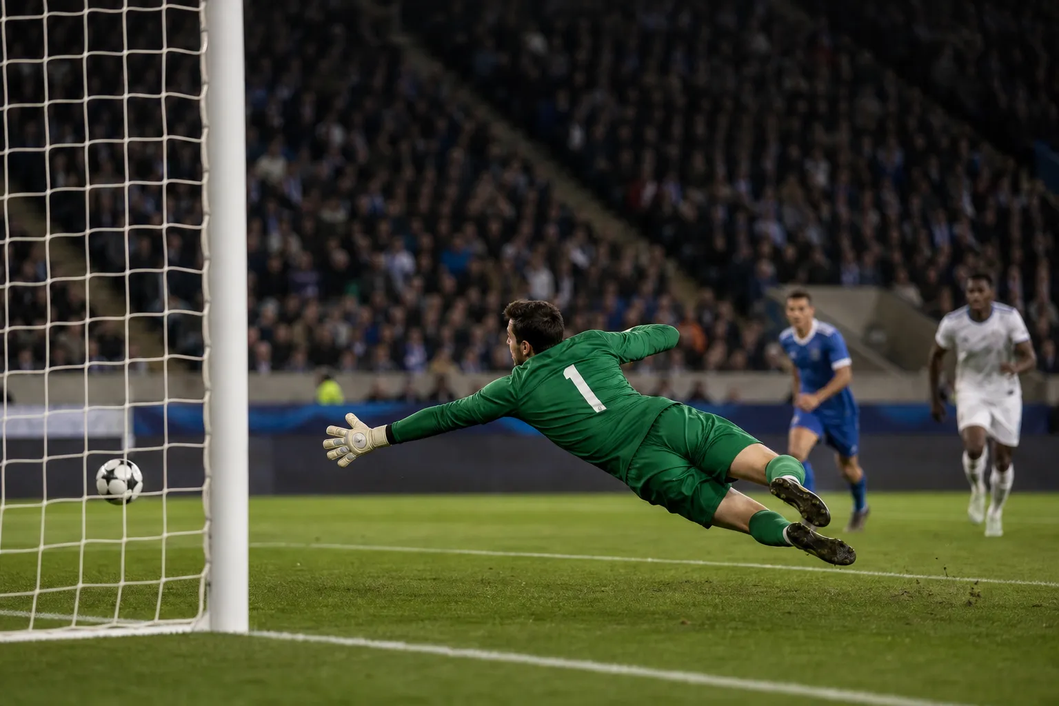 Defesa do goleiro em momento decisivo de partida de futebol