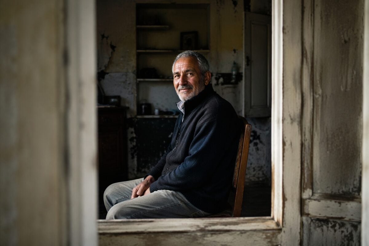 Environmental portrait using a doorway foreground frame to guide attention to the subject