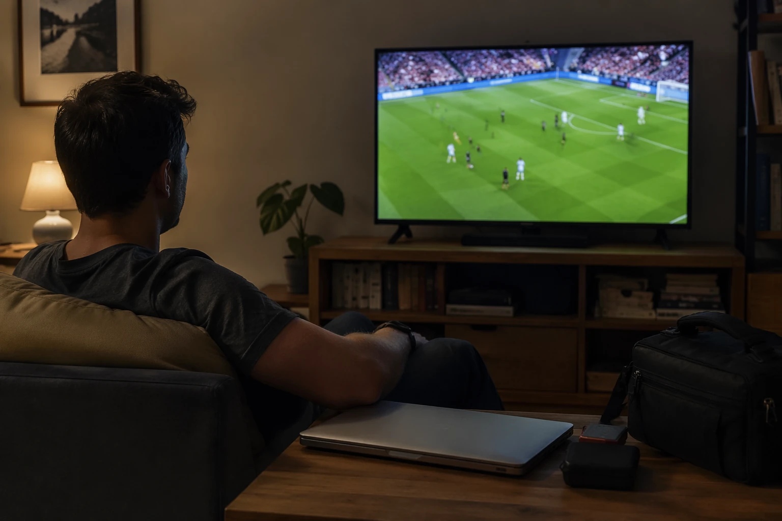 foto workflow fuer fotografen die fussball lieben fotograf entspannt beim fussballschauen nachdem die arbeit erledigt is Fotograf entspannt beim Fußballschauen, nachdem die Arbeit erledigt ist