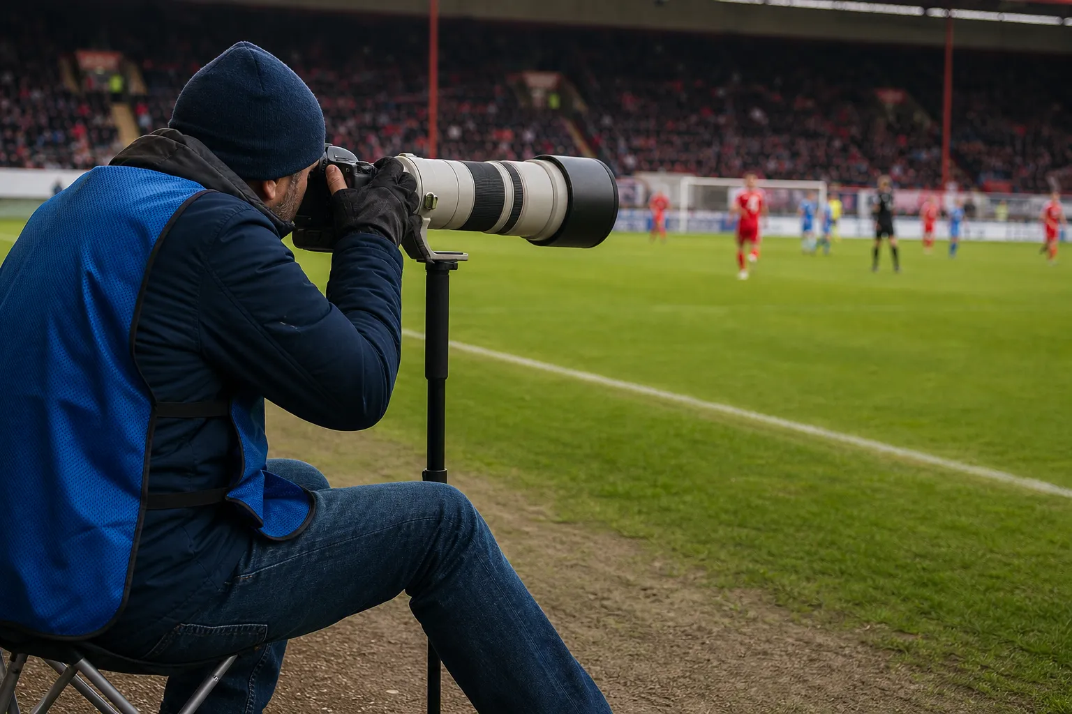 fussballfotografie tipps bessere matchfotos fussballfotograf mit teleobjektiv auf einem einbeinstativ an der seitenlinie Fußballfotograf mit Teleobjektiv auf einem Einbeinstativ an der Seitenlinie