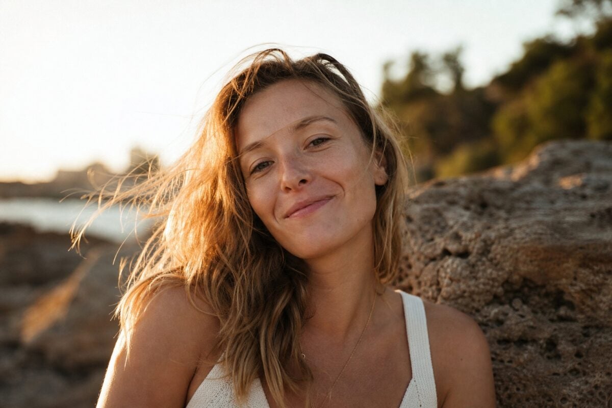 Golden hour summer portrait with warm backlight and natural skin tone