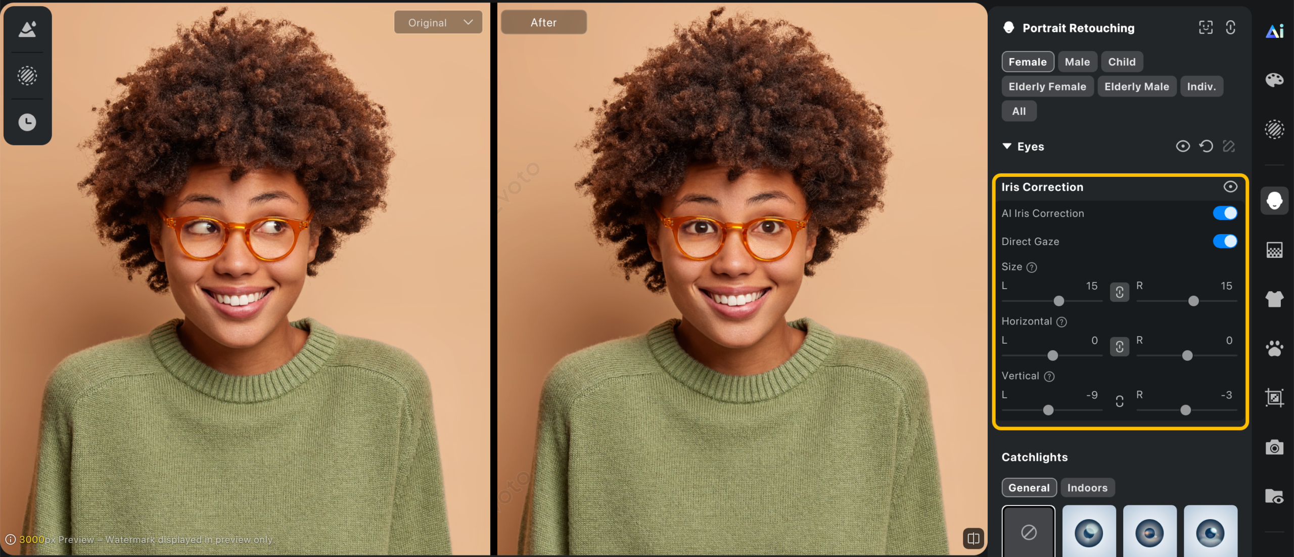 AI Iris Correction com Direct Gaze no Evoto guiando o olhar do sujeito em direção à lente