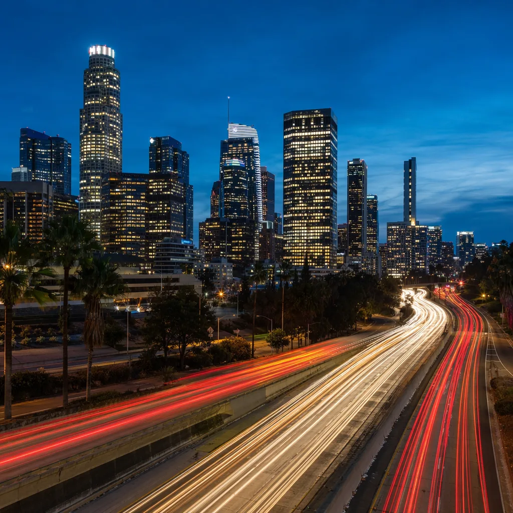 Rua urbana à noite com trilhas de luz brilhantes do tráfego e skyline nítido