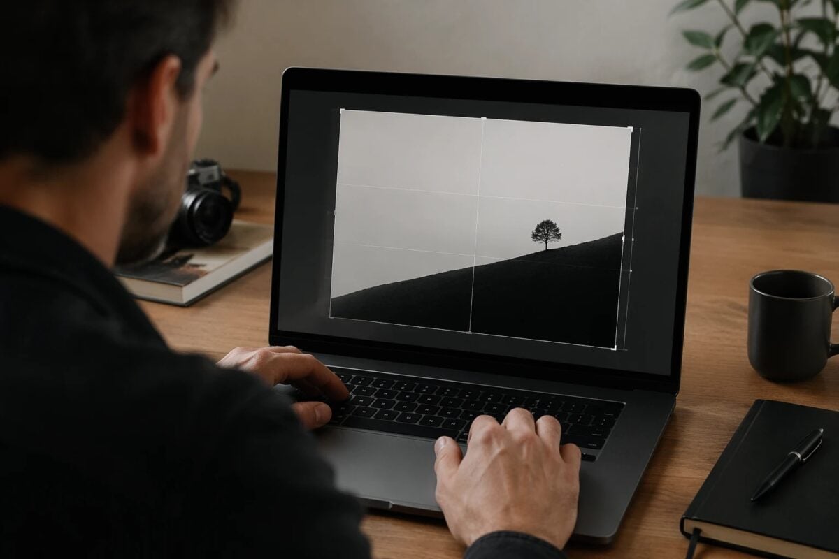 Photographer refining negative space with a subtle crop on a photo editing screen