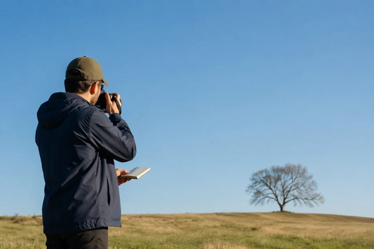 Photographer using a simple field checklist while composing a negative space photo outdoors