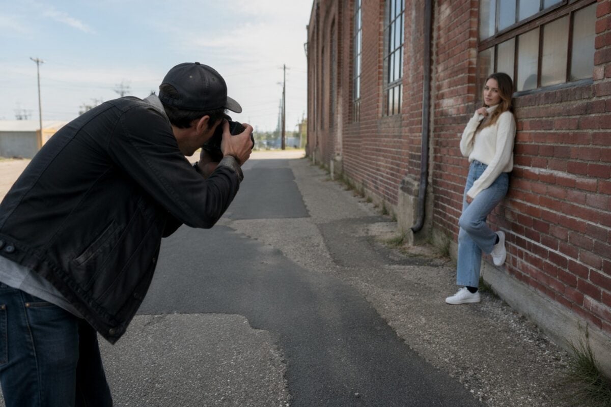 Photographer composing an off-center portrait with clear subject placement and breathing room
