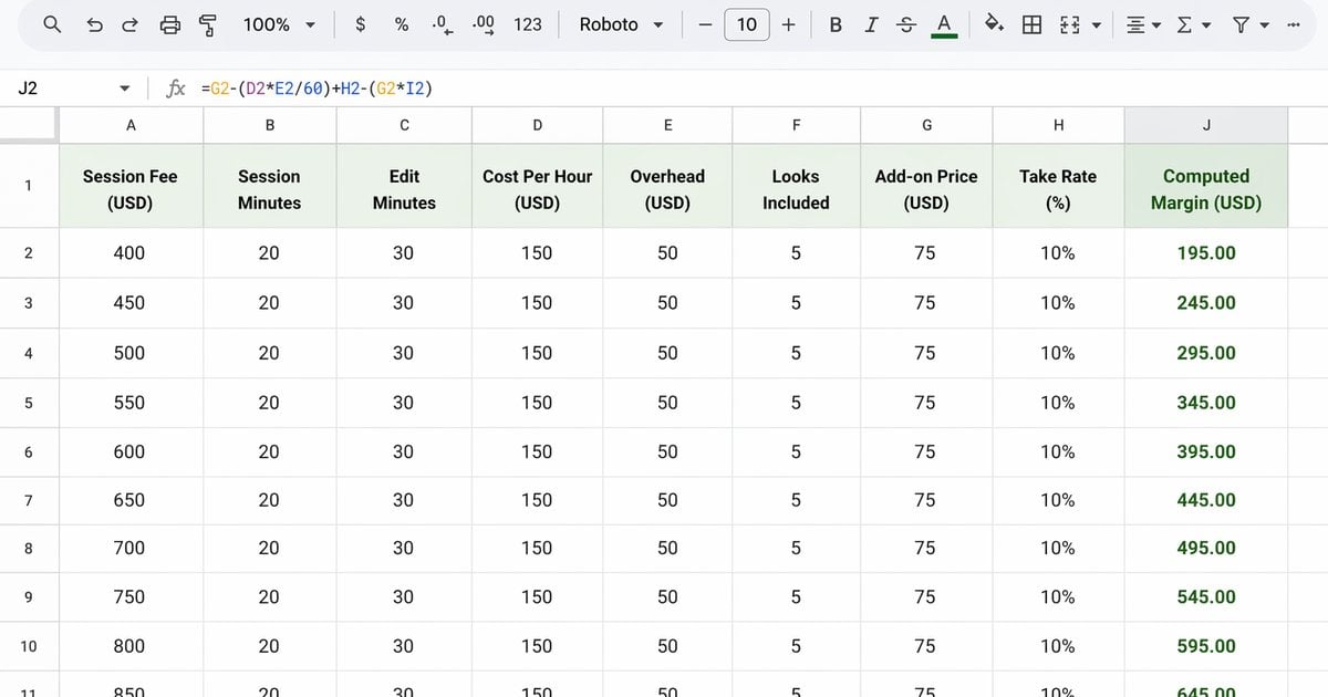 pricing calculator preview 1 mini session photography pricing margin sheet layout example for portrait studios