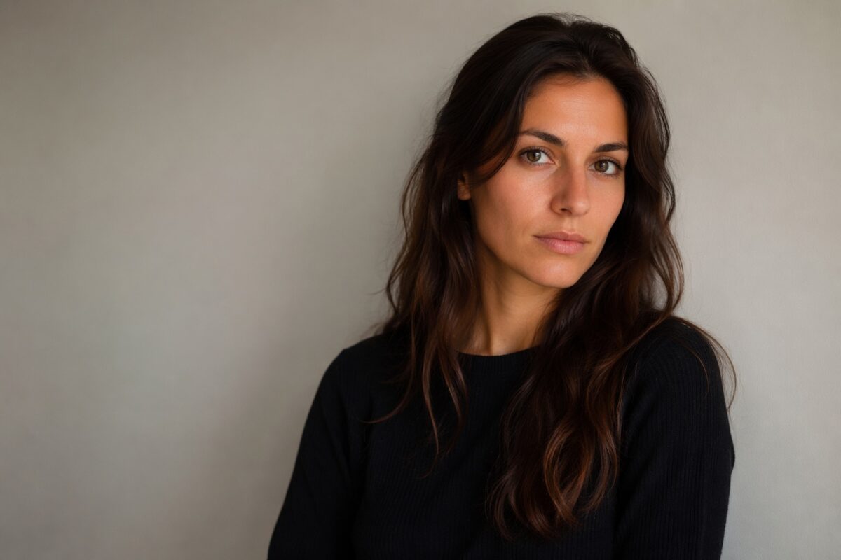 Simple portrait with clean wall background and clear negative space around the subject
