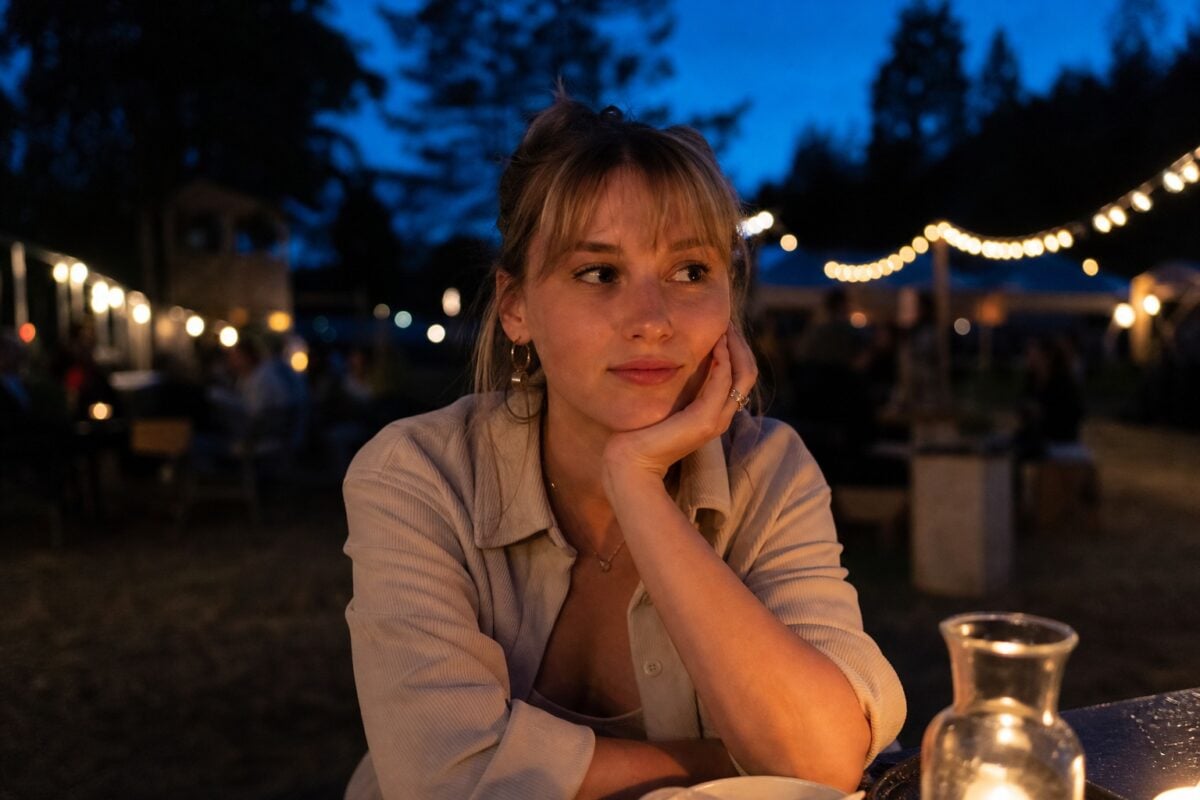 Summer night photo with string lights and a clear subject in blue hour atmosphere