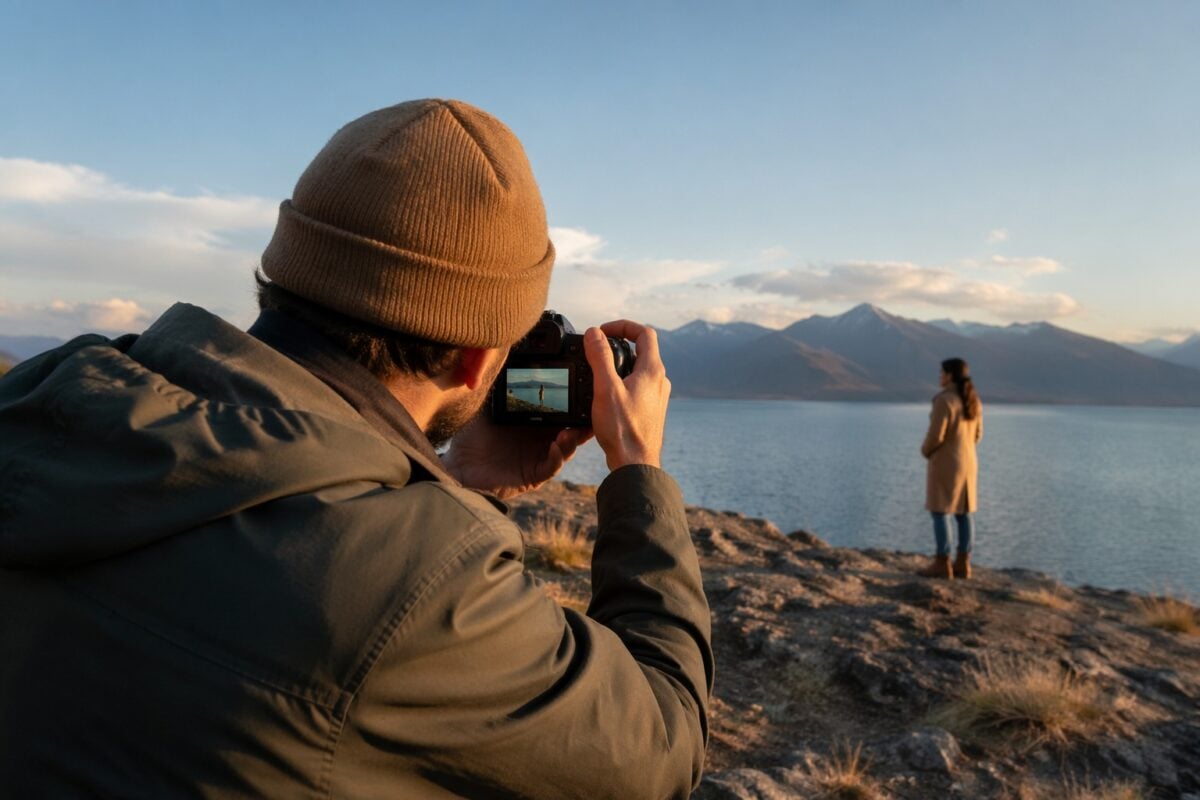 visual weight field checklist Photographer checking frame edges and light before taking a visual weight composition