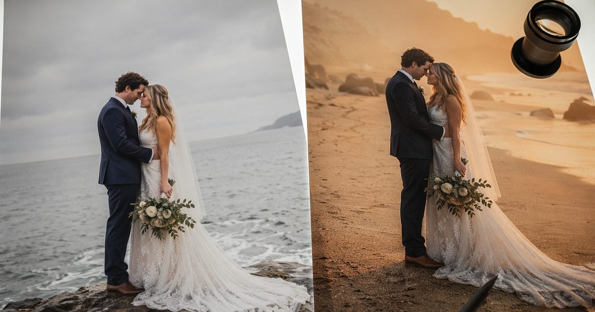 wedding photography editing golden beach haze scene path before after rain day