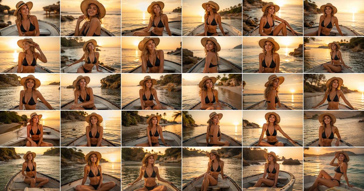 beach background portrait contact sheet with even skin and matched scenes
