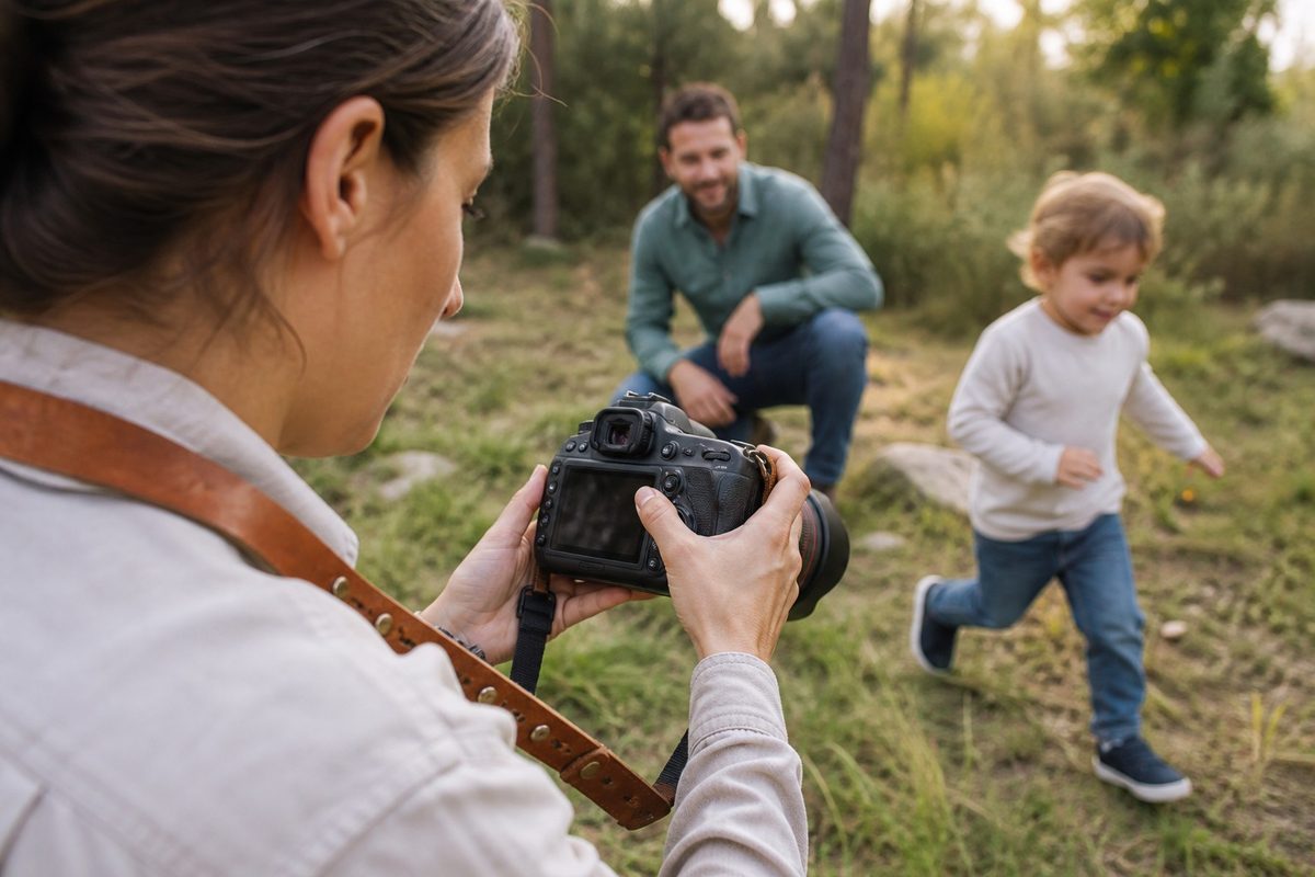 Photographer checking shutter speed and autofocus before photographing an active child