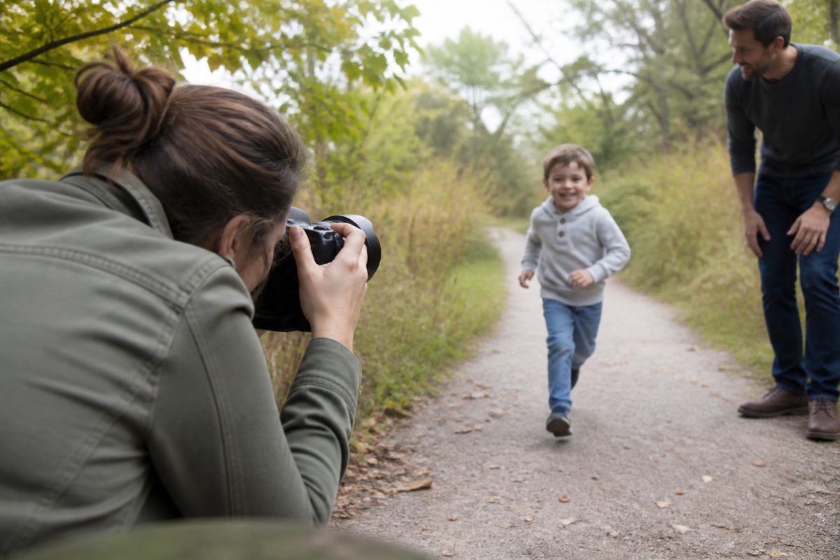 Photographer raising ISO during an indoor child photography session in soft window light