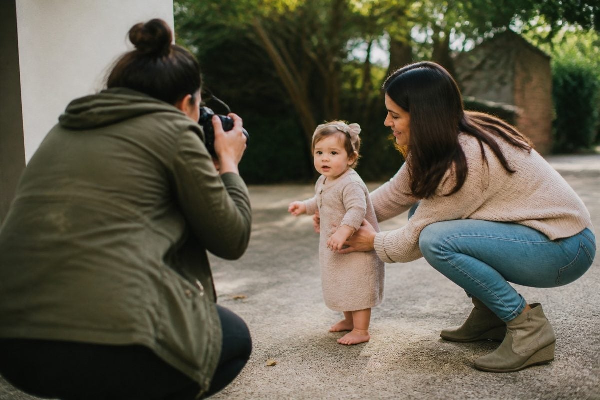Photographer adjusting exposure mode while moving a child from shade into open light