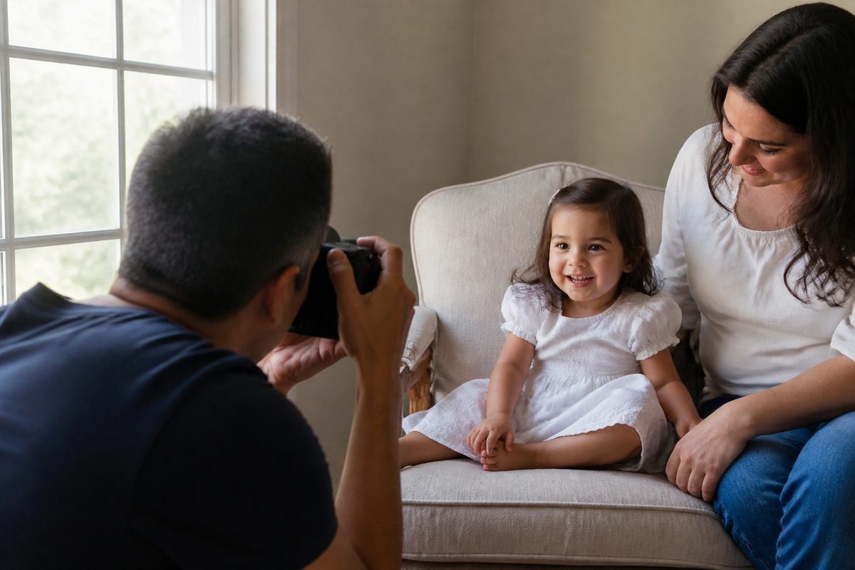 Photographer raising ISO during an indoor child photography session in soft window light