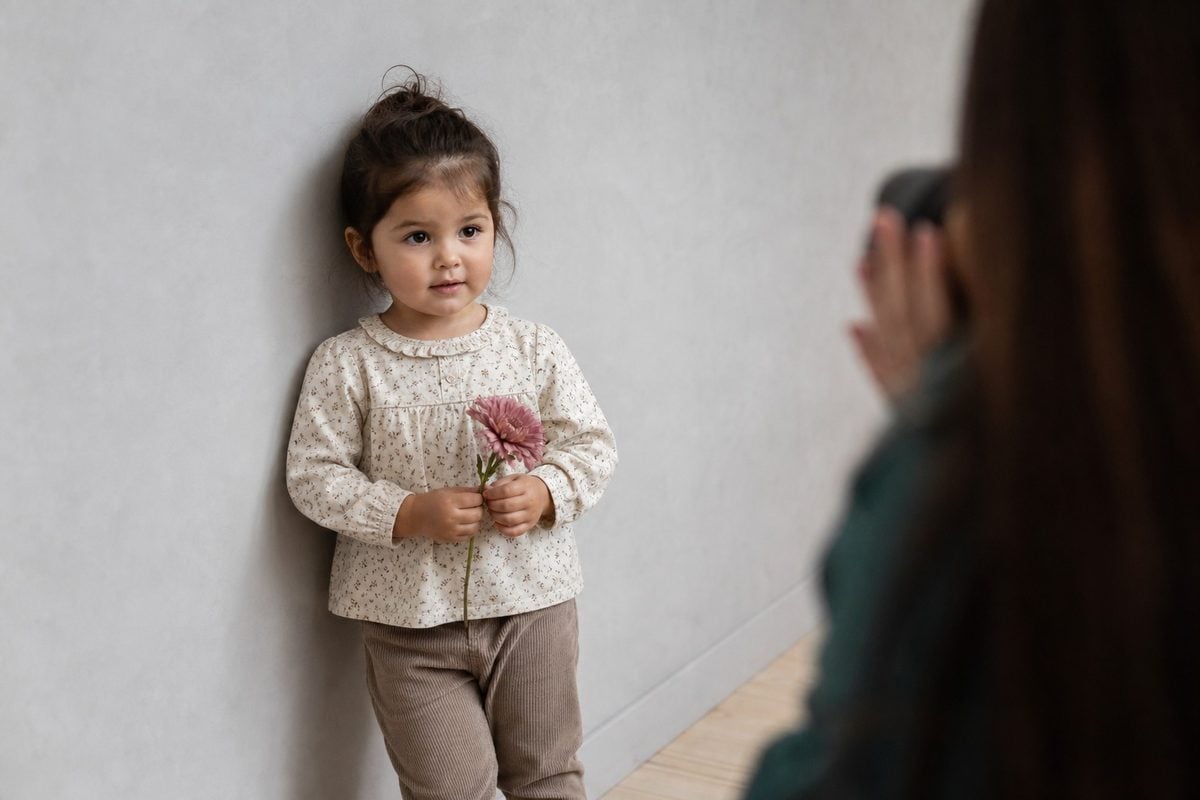 child standing pose hand task Child standing near a simple wall with a small hand task for a natural portrait pose