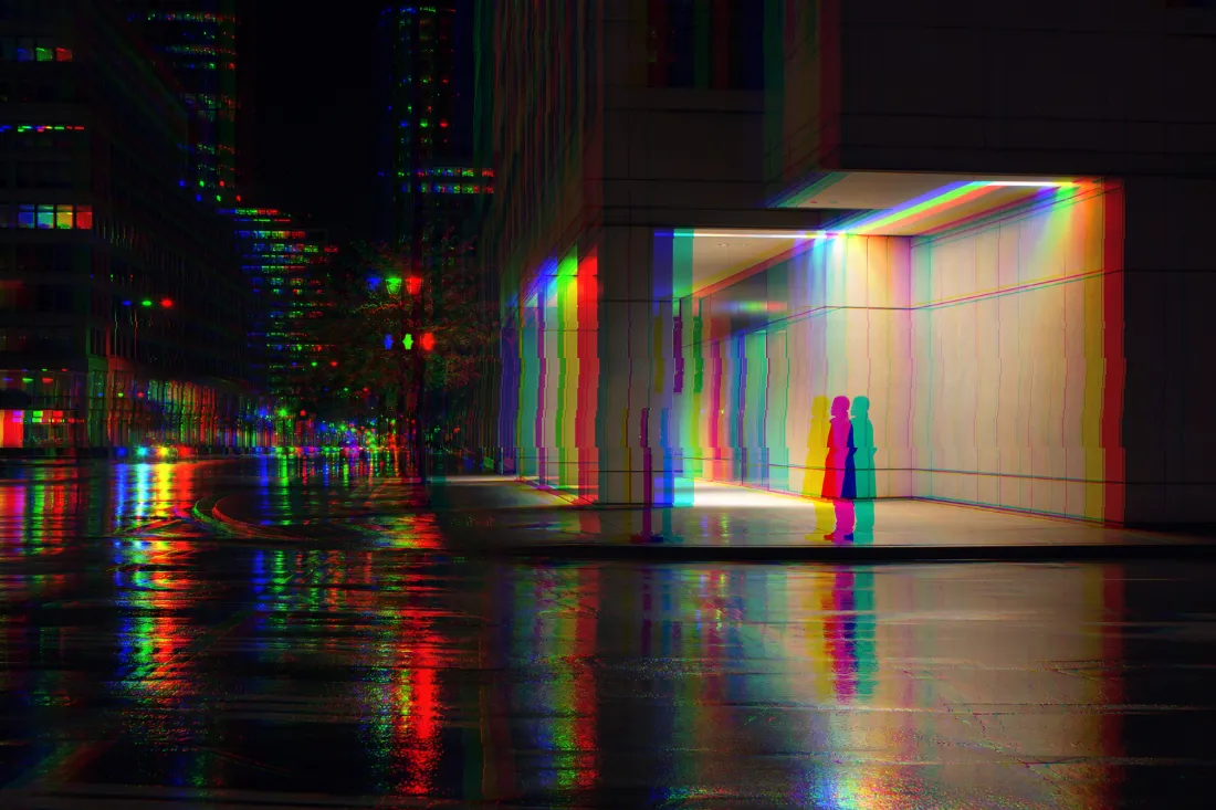 evoto glitch photo selection source Rainy nighttime city scene with a single clear pedestrian and geometric architecture, suitable for a full-image glitch effect