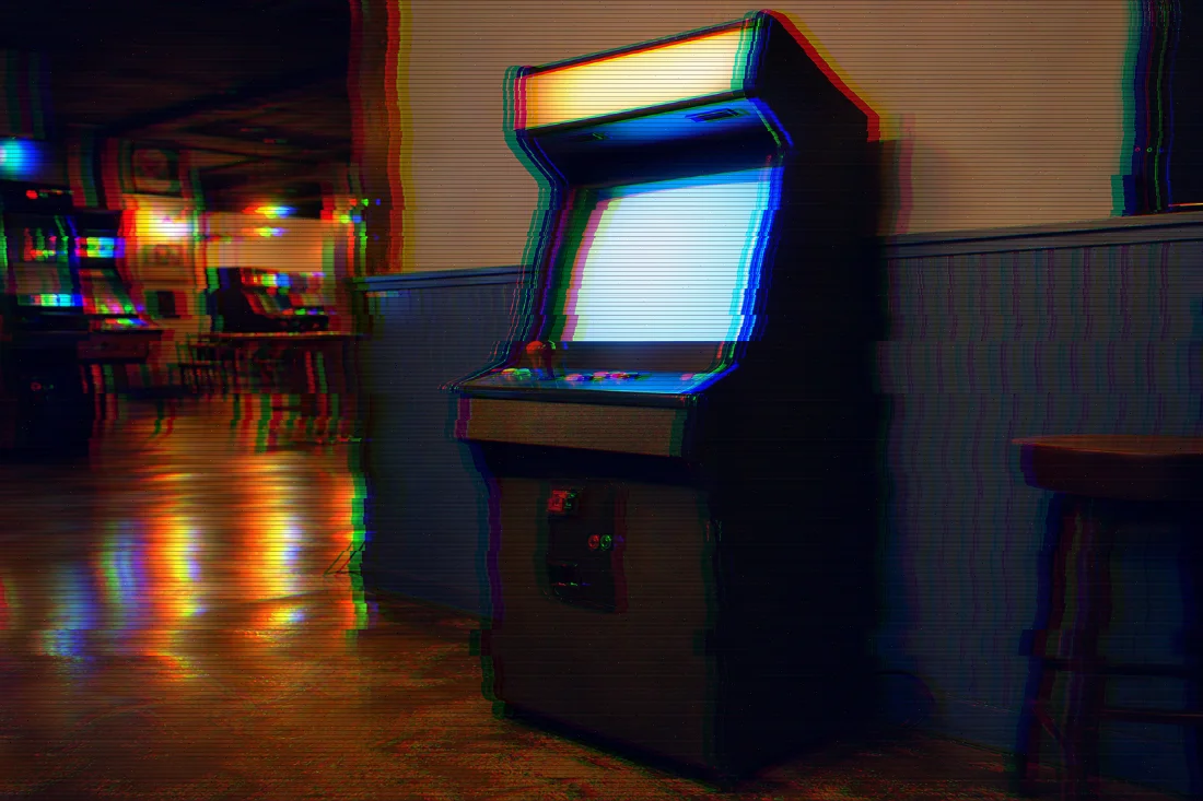 evoto glitch retro lines source Vintage arcade cabinet in a real arcade, prepared for a retro scanline photo effect