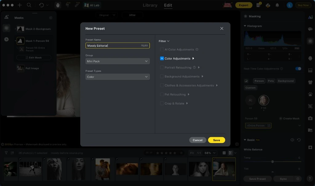 Tela do Evoto salvando um preset moody em My Presets