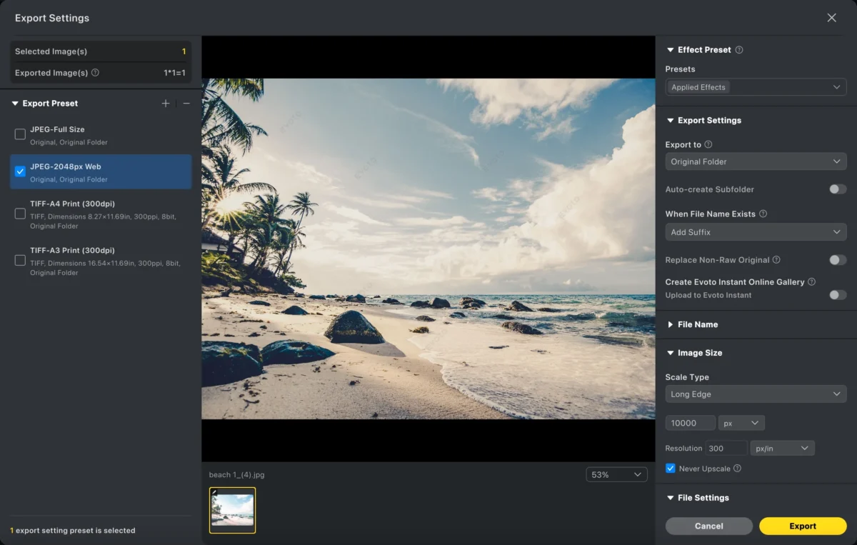 Exporter une photo assombrie depuis Evoto AI