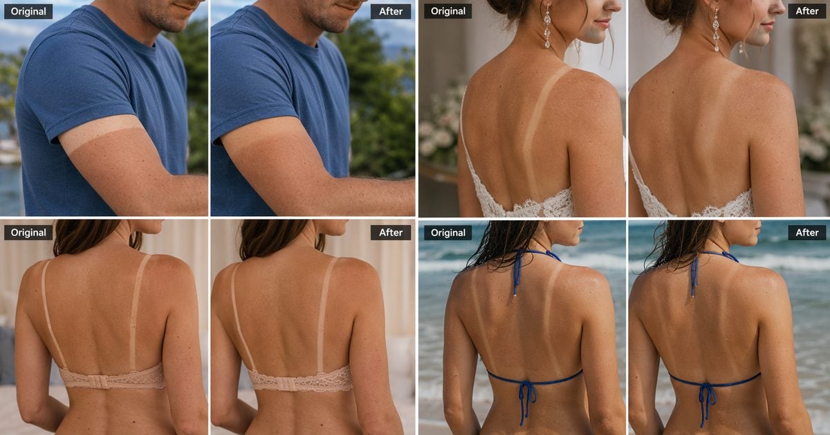 farmer tan session cards before after sleeve shoulder back swimwear