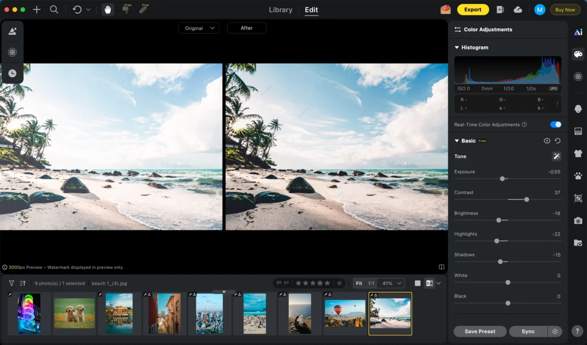 Affiner l'exposition d'une photo dans Evoto AI