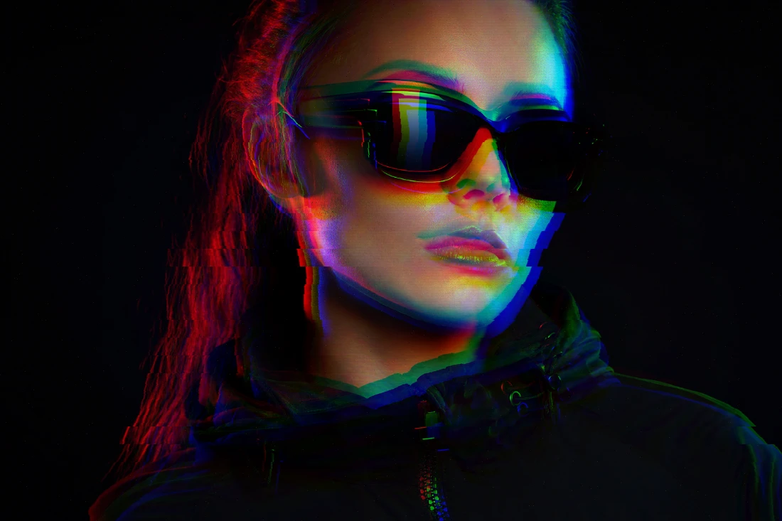 Cyberpunk portrait with neon lighting, full-image RGB separation, and random tearing in Evoto