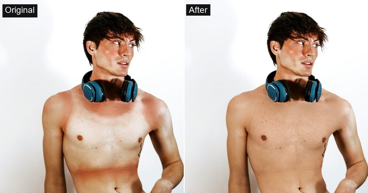 how to even out farmer tan in a portrait photo with Evoto