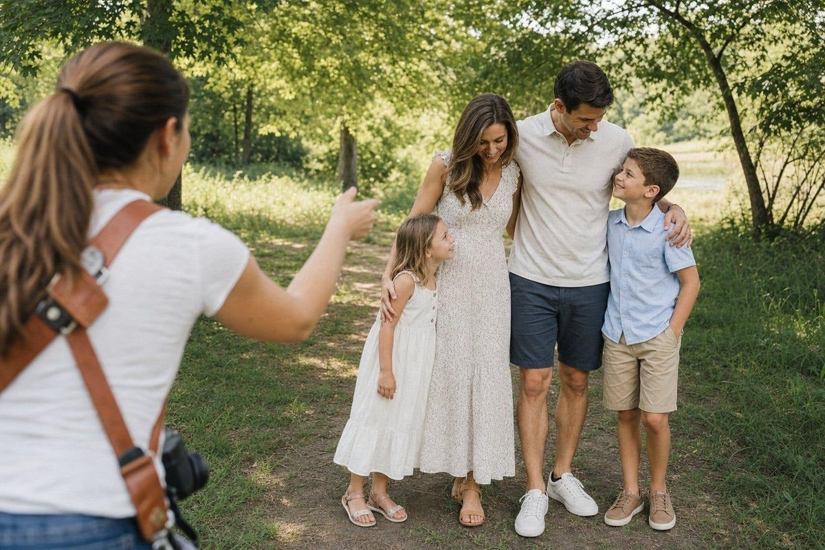image 10 Photographer guiding a family with short prompts during a relaxed summer session